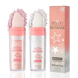 2Pcs Polvo De Hadas Puff Fairy Powder 3D High-Gloss Powder Glitter Loose Powder Face Blusher Shimming Powder for Eyes, Face, Body Makeup