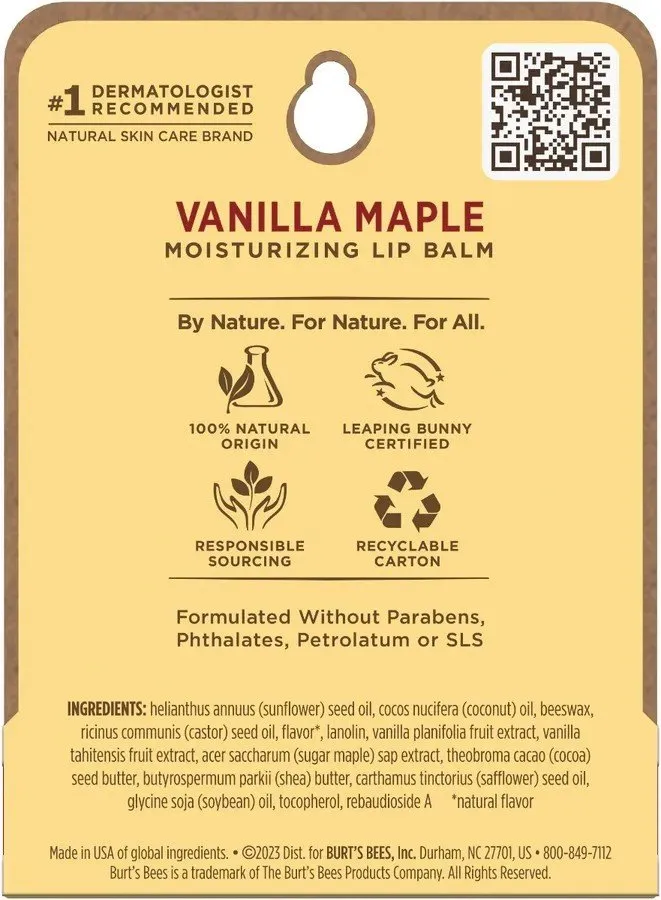 Burt's Bees Vanilla Maple Lip Balm in Blister Box 0.15 oz Lip Balm
