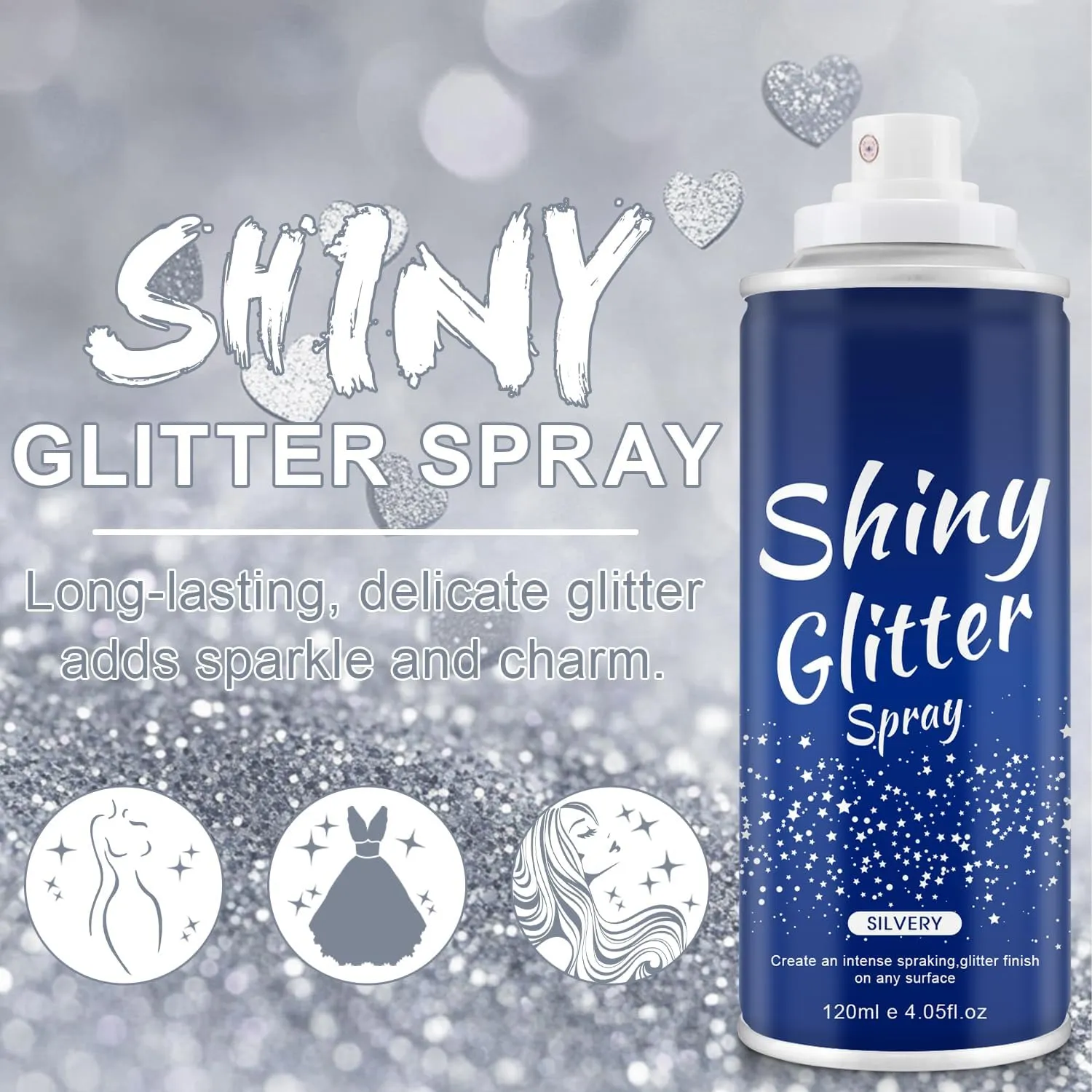 Hair and Body Glitter Spray, Holographic Glitter Highlighter Powder, Hairspray for Clothes, Face Body Shiny Glitter, Loose Shimmer Hairspray Festival Rave Prom Accessories, 4.22 Fl Oz (Silver)