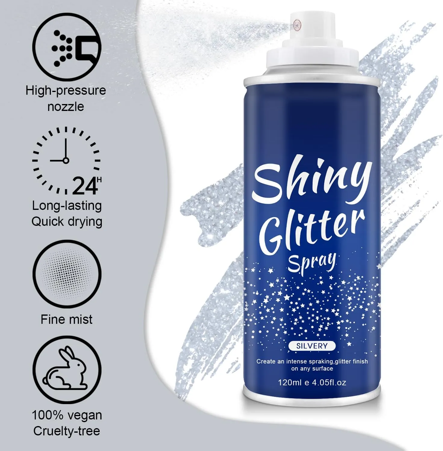 Hair and Body Glitter Spray, Holographic Glitter Highlighter Powder, Hairspray for Clothes, Face Body Shiny Glitter, Loose Shimmer Hairspray Festival Rave Prom Accessories, 4.22 Fl Oz (Silver)
