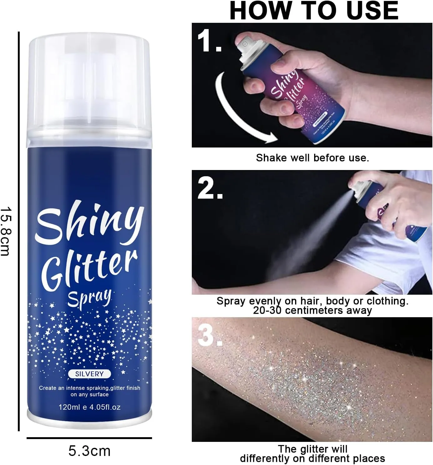 Hair and Body Glitter Spray, Holographic Glitter Highlighter Powder, Hairspray for Clothes, Face Body Shiny Glitter, Loose Shimmer Hairspray Festival Rave Prom Accessories, 4.22 Fl Oz (Silver)
